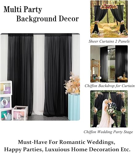 Miniatura 4 de DUOBAO Cortina de gasa negra, 2 paneles de 29 x 96 pulgadas, cortinas de gasa para boda, cortinas transparentes para sala de estar, cortina de