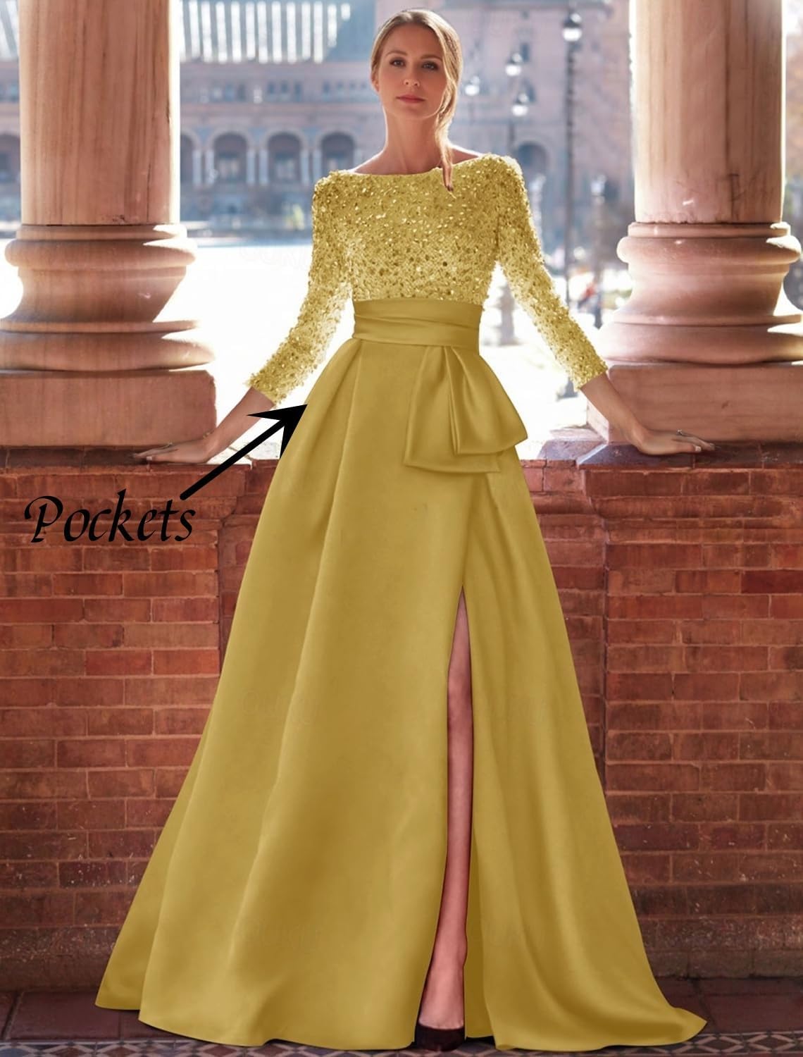 Long Sleeve Prom Dress Sequin Satin Formal Gowns for Women Boat Neck Long Slit Corset Ball Gown with Pockets