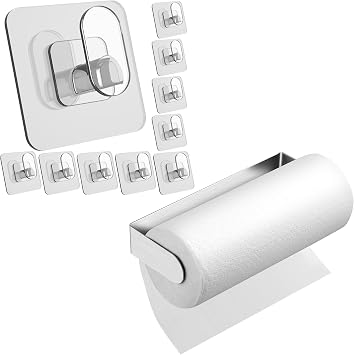 DELITON Clear Adhesive Hooks + Magnetic Paper Towel Holder