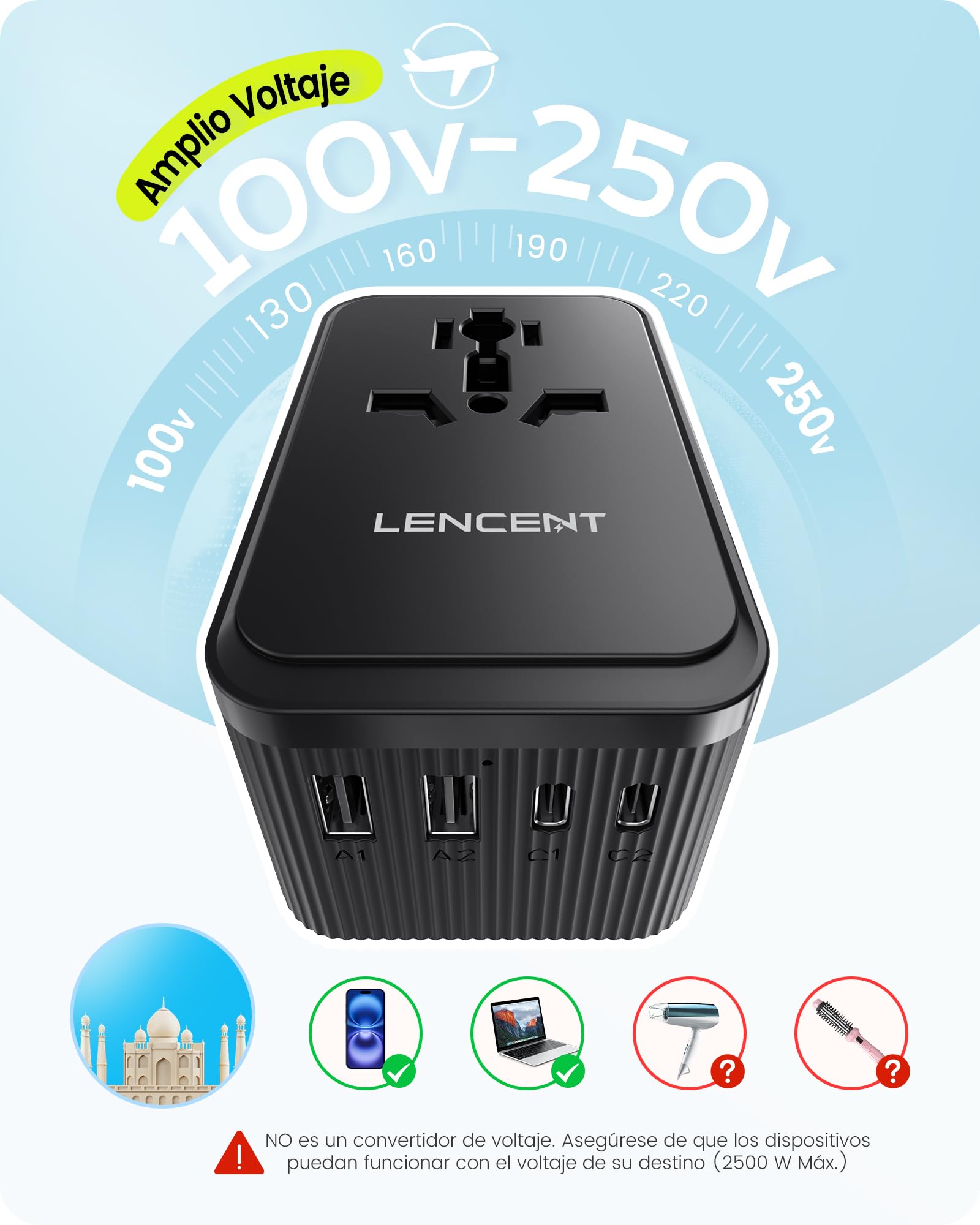 LENCENT Adaptador Enchufe Universal 28 W, Enchufe de Viaje Global con 3 USB C y 2 USB A, Cargador Internacional para Estados Unidos, Reino Unido, Japón, Australia, India, Nepal, Tipo A/C/D/G/I