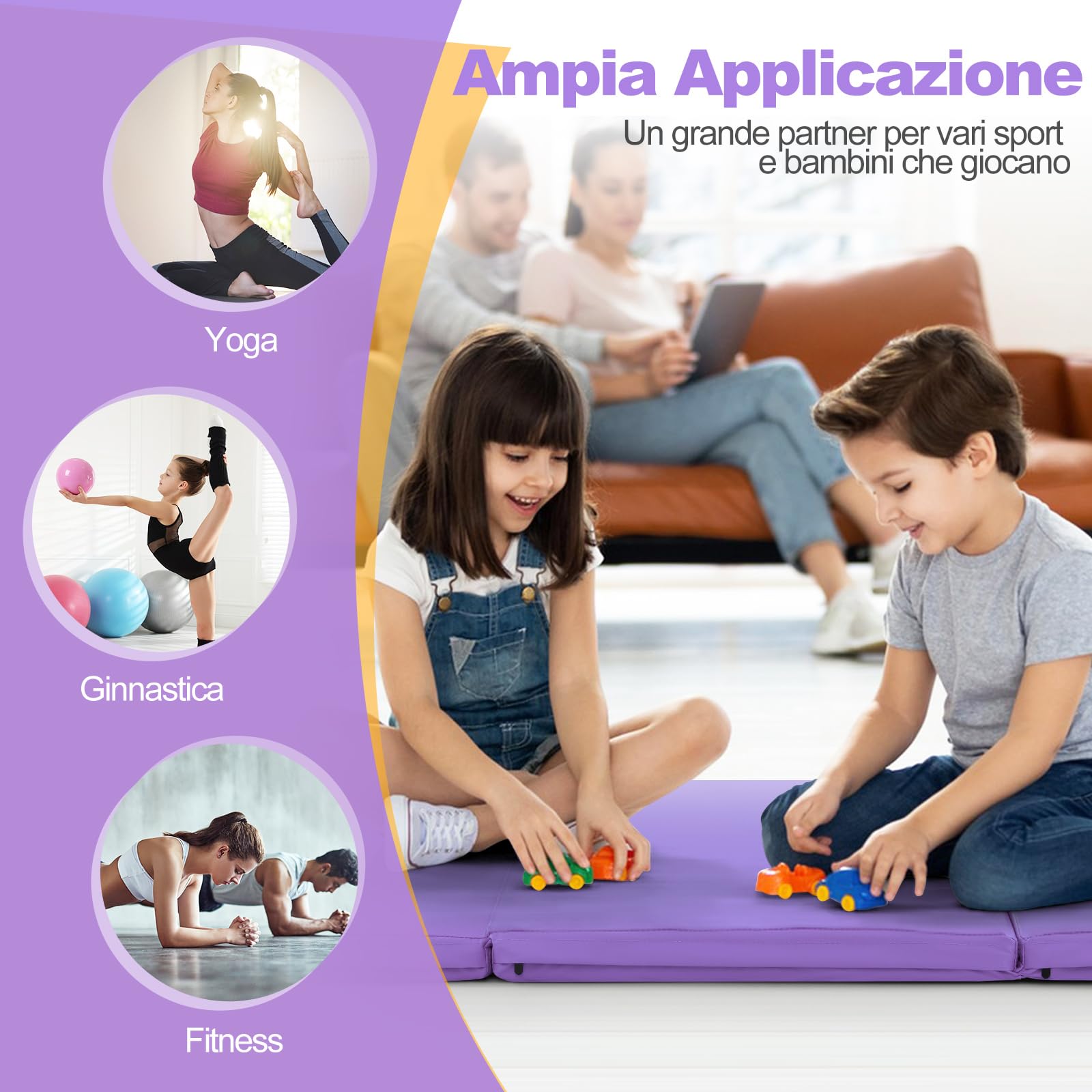 GYMAX Tappetino da Yoga, 180 x 60 x 5 cm, Materassino per Ginnastica 3 Segmenti, Pieghevole e Portatile con Manico