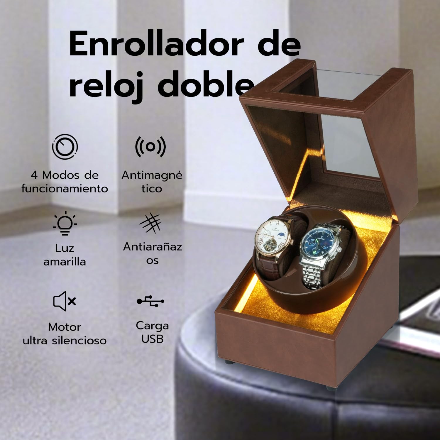 Mcbazel Dual Watch Winder, Cajas Giratorias para Relojes con Luz LED, Estuche para Relojes de Doble Posición, Modos de Rotación Bidireccional, Relojero Automático Almacenamiento – Marrón