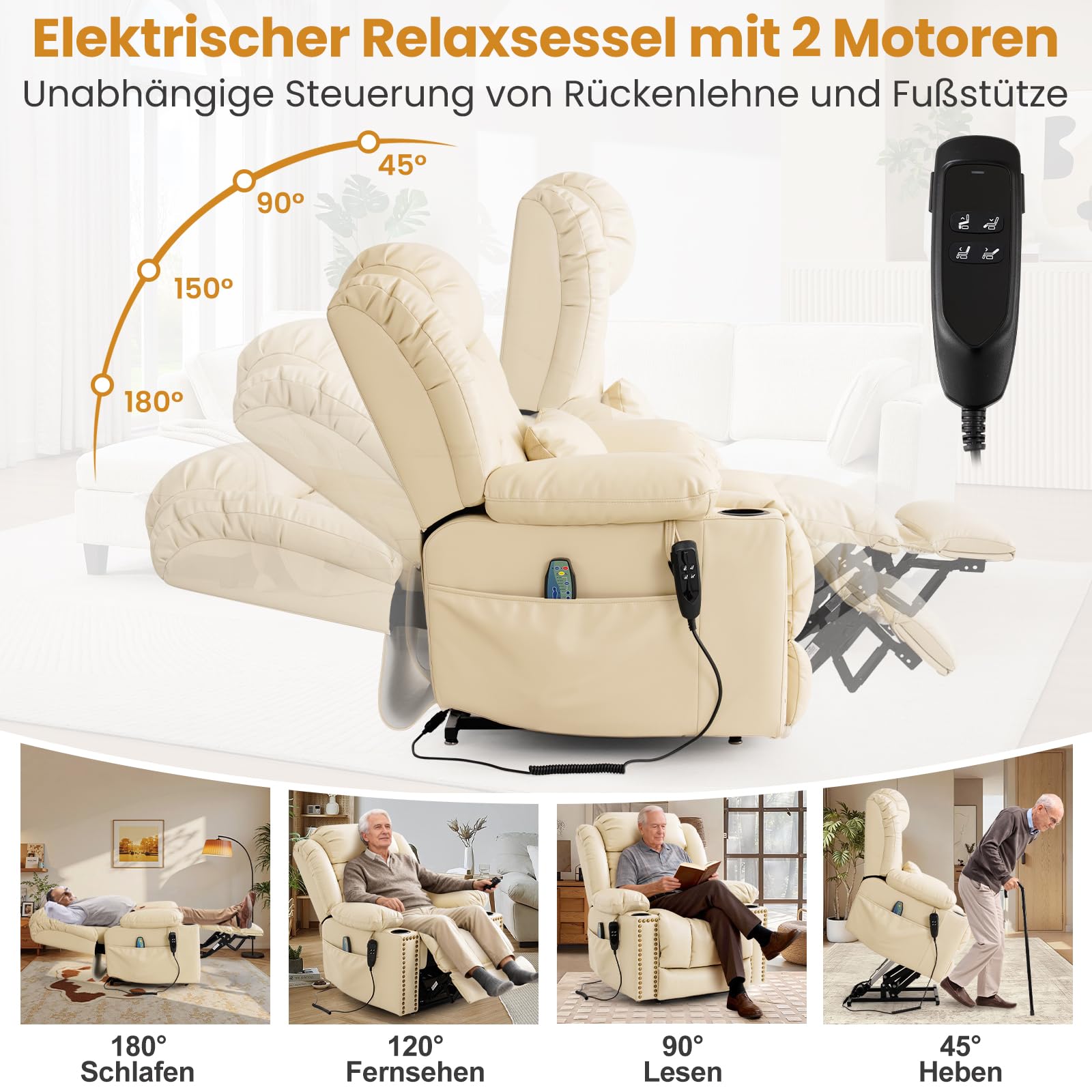 DUANDUAN 2 Motoren Relaxsessel Elektrisch mit Liegefunktion, Massagesessel Fernsehsessel mit Aufstehhilfe, 180° Verstellbar, Beige