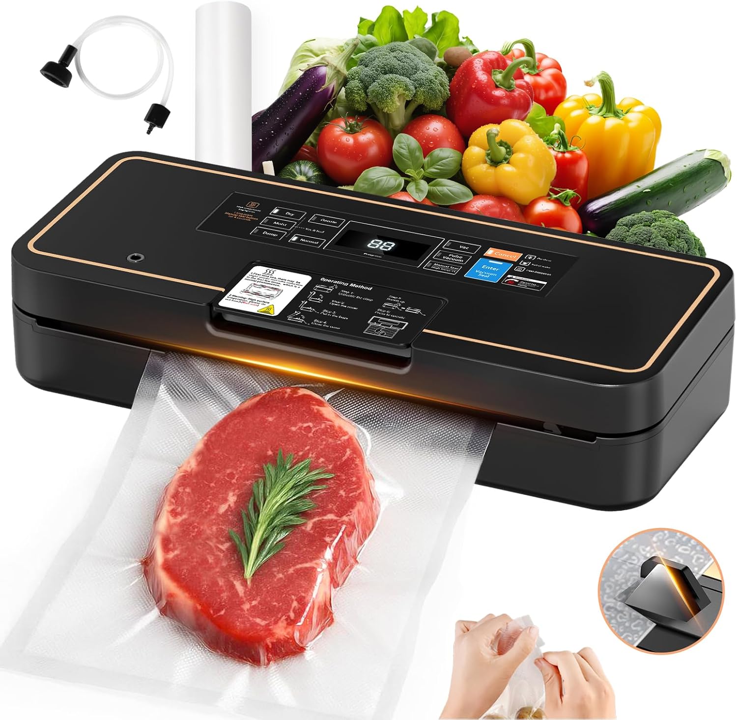 Vacuum Sealer for Food, 95kPa Food Vacuum Saver Sealer Machine, 120W 12L/min Fast-Sealing with Auto Tear-Cut,Digital Timer, Built-in Cutter, Bag Storage and One Bag Roll, 9-in-1 Compact Vacuum Sealer