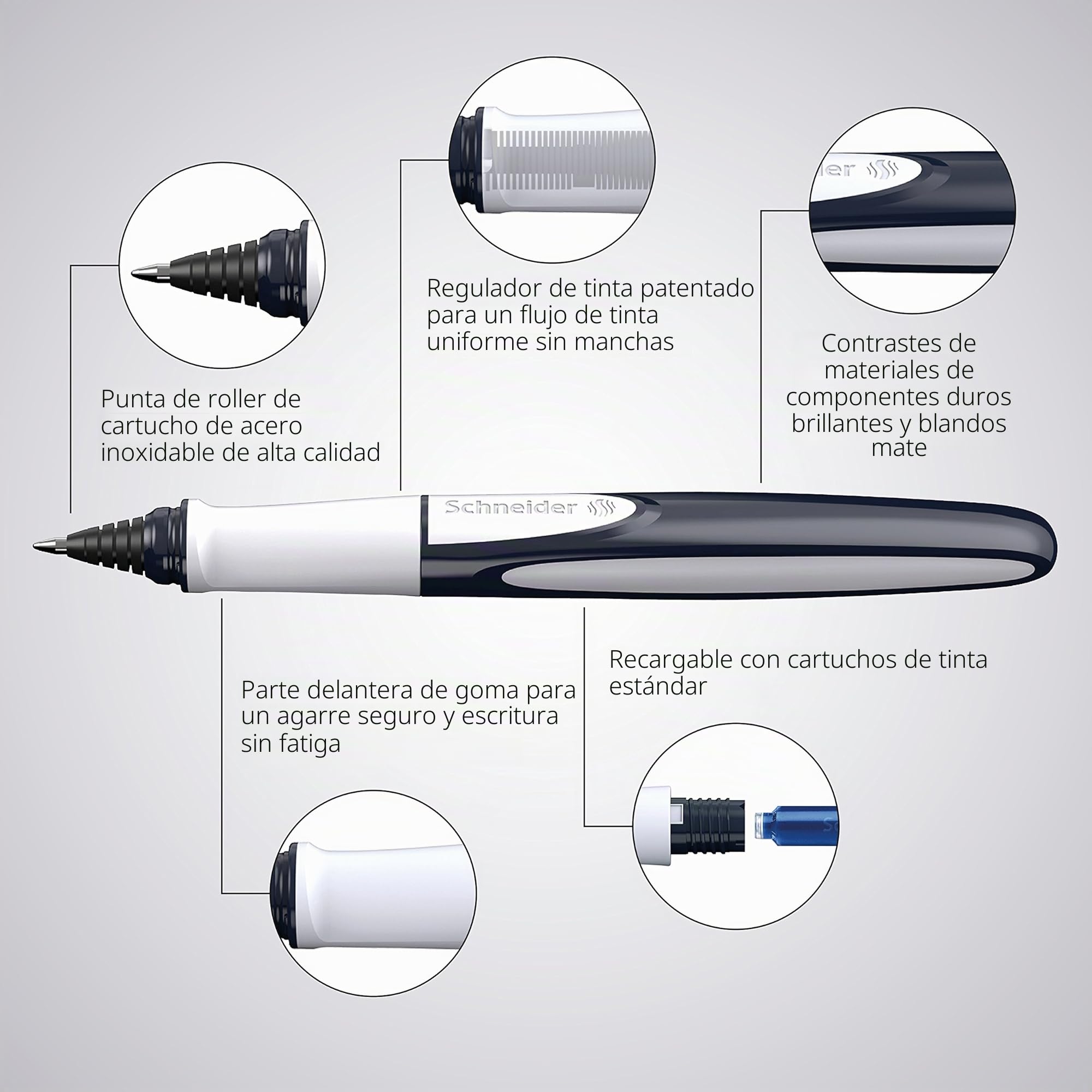 Schneider Ray - Juego de bolígrafos roller en estuche de cartón (incluye cartuchos de tinta estándar, apto para diestros y zurdos), color blanco y gris oscuro