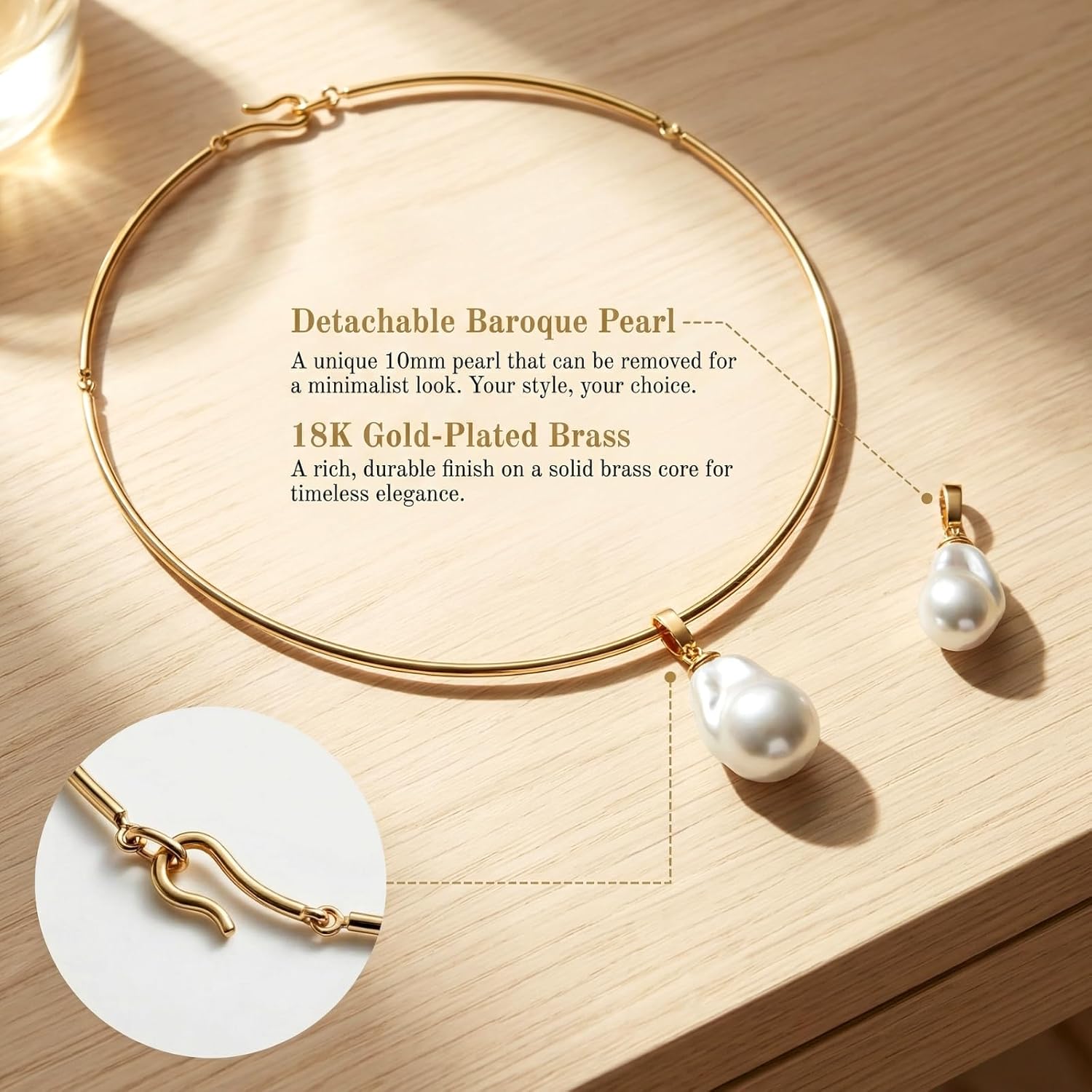 Collar Gold Choker Necklace, Women Collar Necklace with Pendant PVD 18K Gold Plated Neck Cuff Choker Chain with Baroque Pearl Large Pendant Jewelry for Women, Birthday
