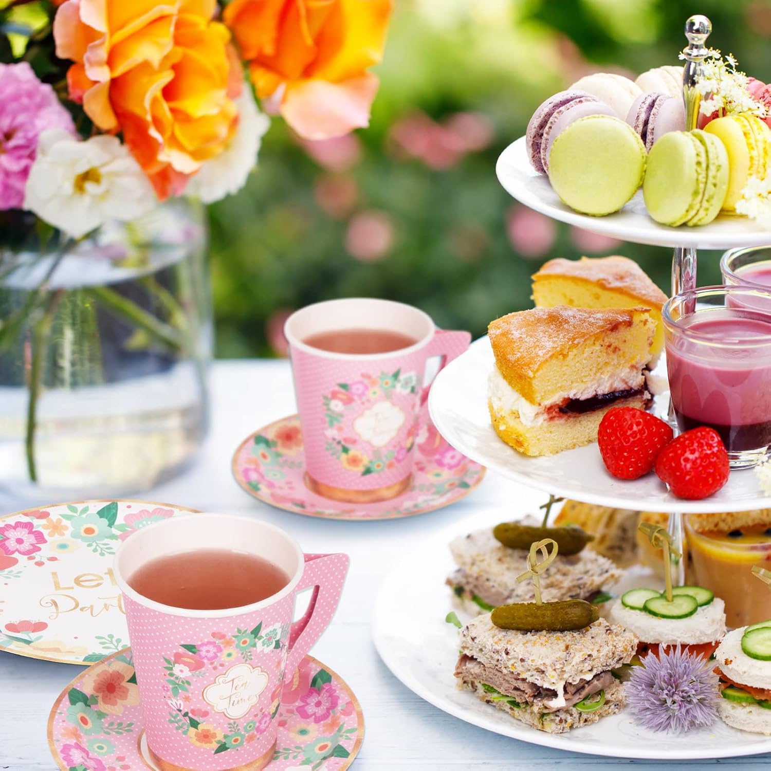 DECORLIFE Tea Party Supplies Serves 16, Tea Party Plates and Napkins Sets Include Paper Saucers, Teacups with Handles, Tableware for Girl's Birthday, Tea Party Decorations, Total 128 PCS