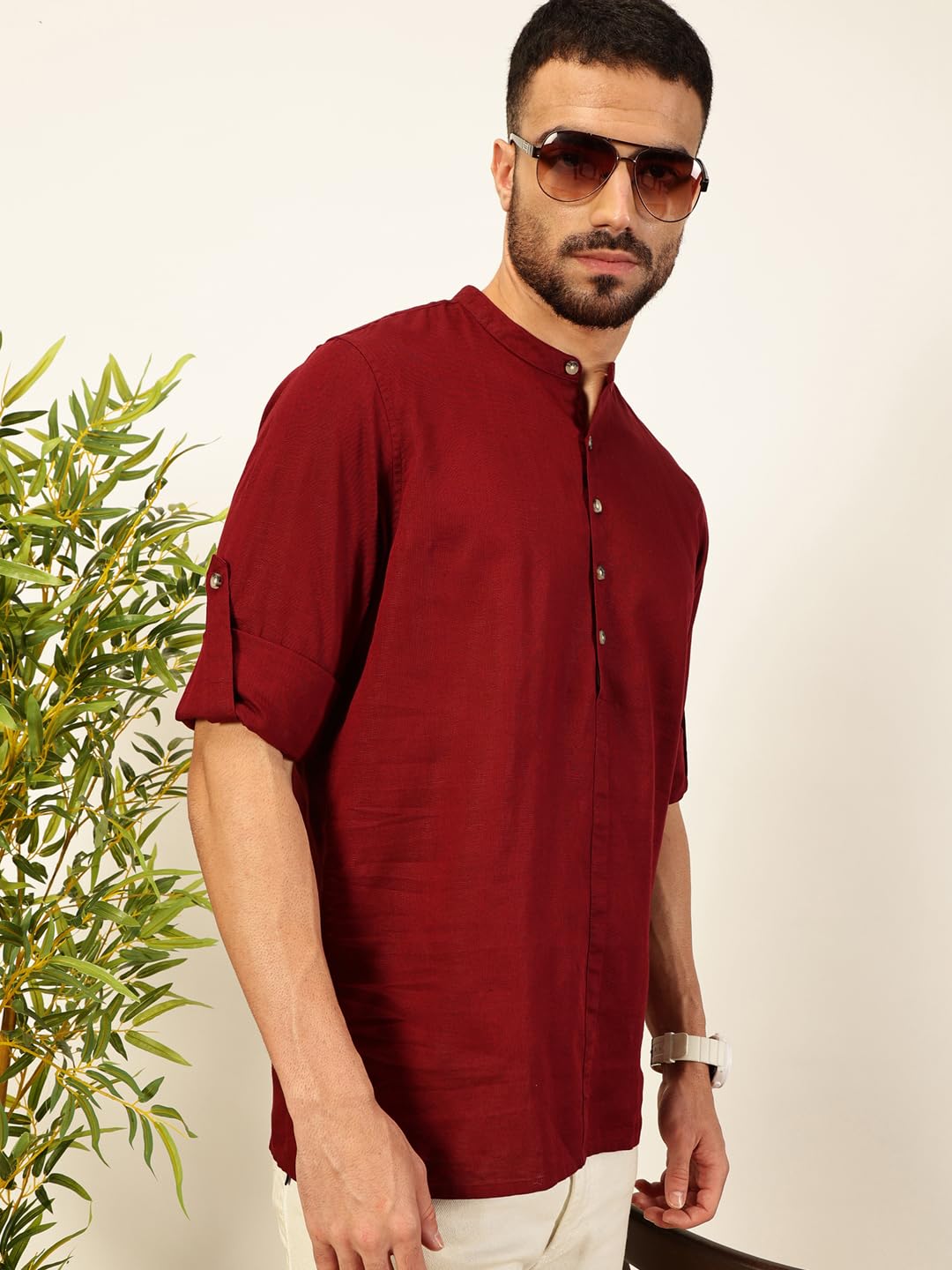 Thomas Scott Mens Linen Solid Kurta Shirt (Ts1529_Maroon_M)