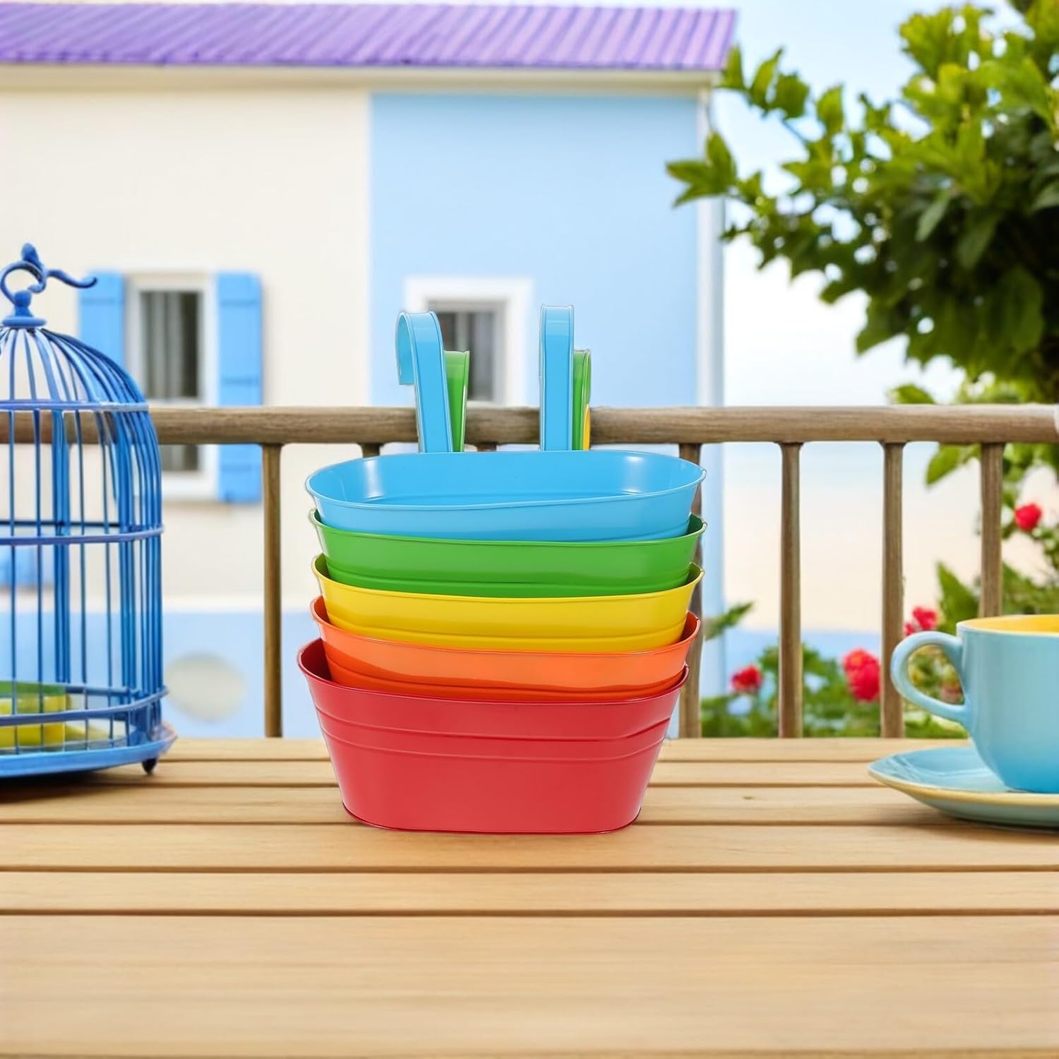 5pcs Metal Hanging Flower Pots Set – Wall-Mounted Balcony Plant Holders with Oval Iron Buckets – Indoor Outdoor Railing Planters for Succulents and Decorative Garden Display