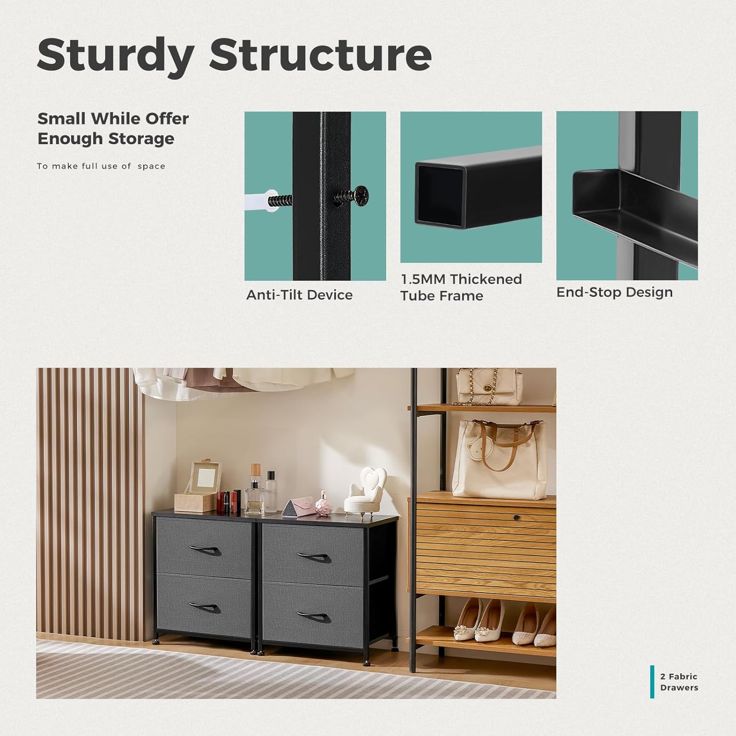 Grey Nightstands Set of 2 with Two Drawer Side Tables Living Room 2 Drawer Dresser Bedroom End Bedside Table Cabinet with Storage Night Stand, Wooden Top Metal Frame Handle, 20'' Tall