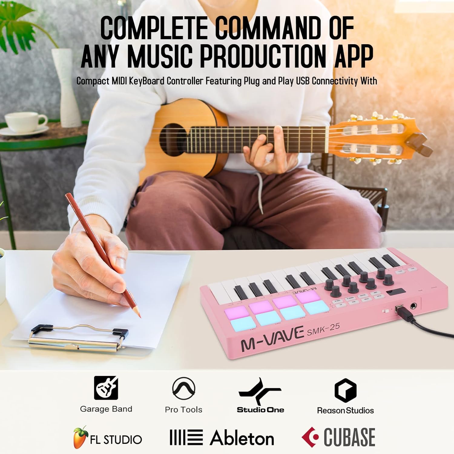M-VAVE K5 MIDI Keyboard with various music production software logos