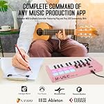 M-WAVE 25 Keys USB MIDI Keyboard Control with 8 Backlit Drum Pads,Bluetooth Semi-Weighted Professional Dynamic Keybed 8 Knobs and Music Production,Software Included (Pink)