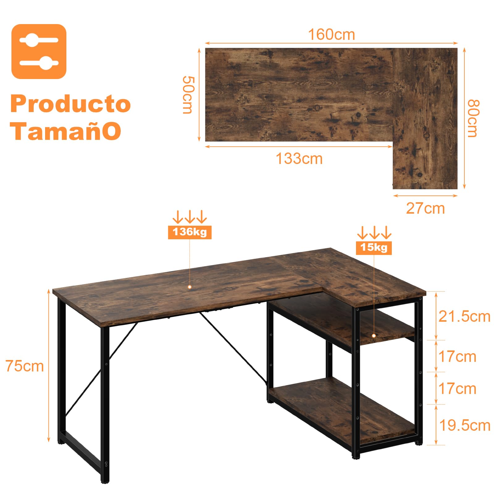 TRIUMPHKEY Escritorio Esquinero en L de 160x80 cm con Almacenamiento, Escritorio de Esquina con Estante Reversible, Estable Mesa Ordenador en L para Oficina, Estudio o Secretaría, Marrón