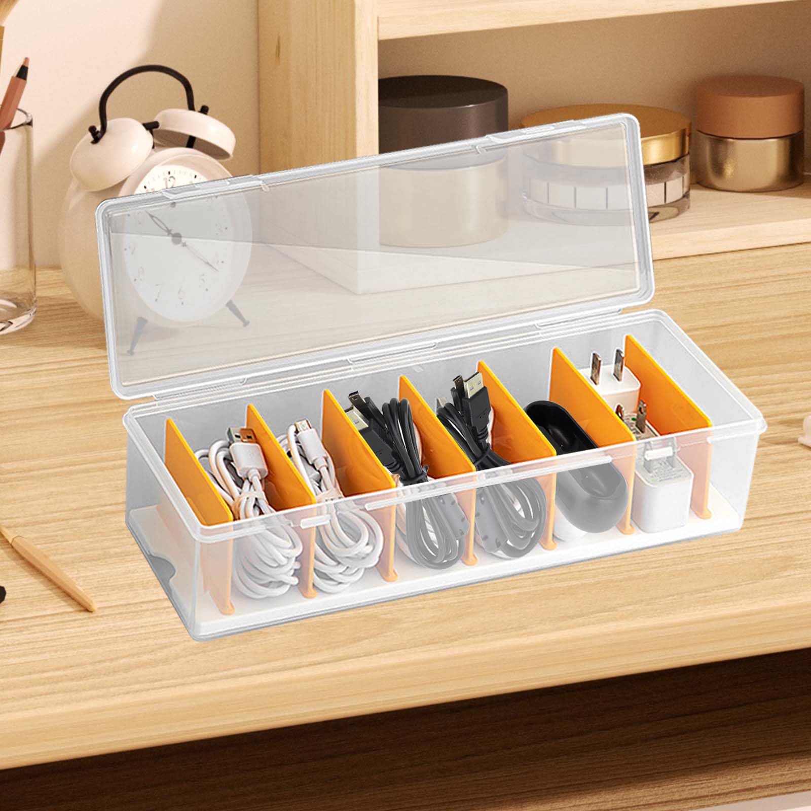 GOMETY Confezione da 2 organizer per cavi dati, scatola per cavi in plastica trasparente, 7 divisori rimovibili, organizer per cavi personalizzabili