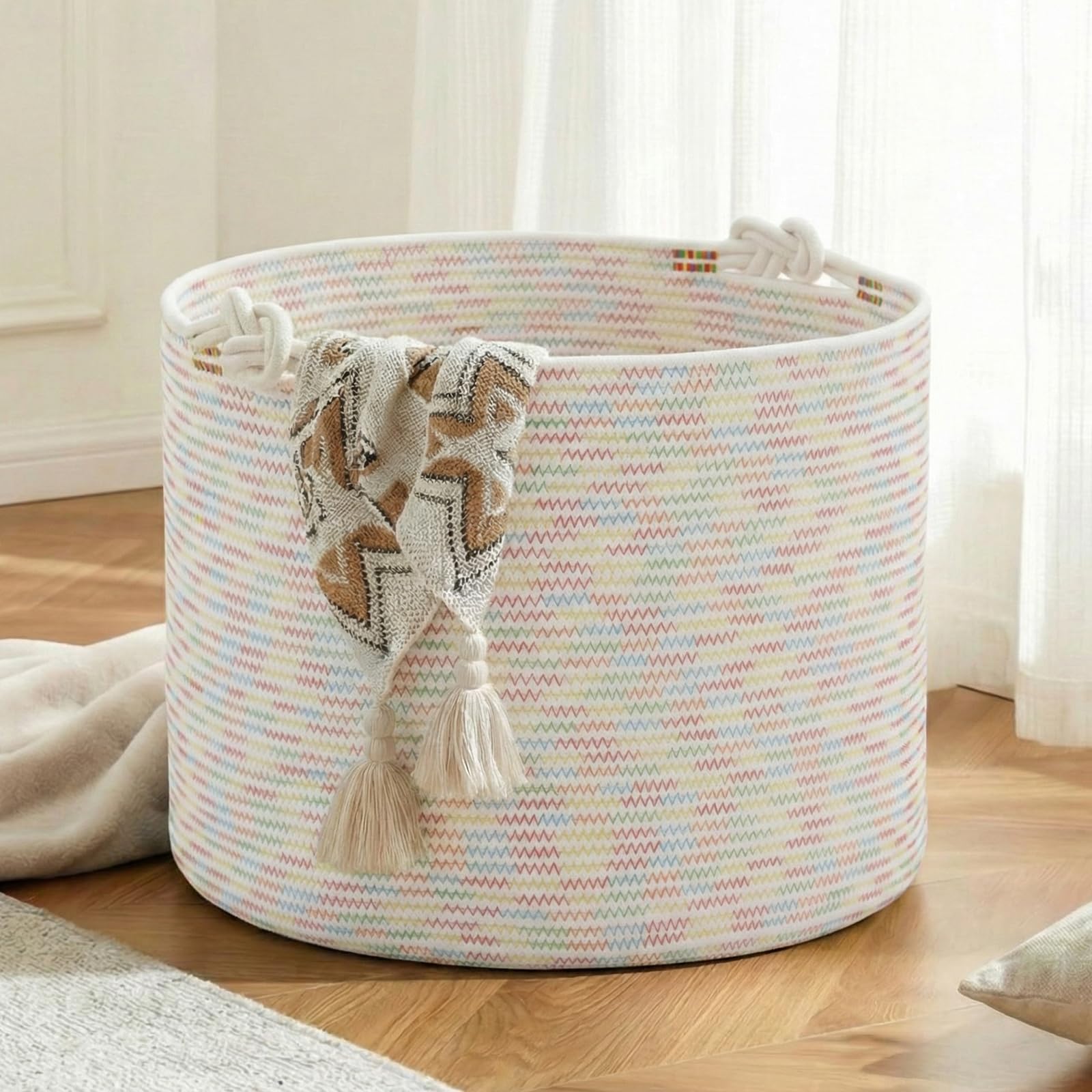 Panier à linge rond 88L en coton COSYLAND grand format multicolore