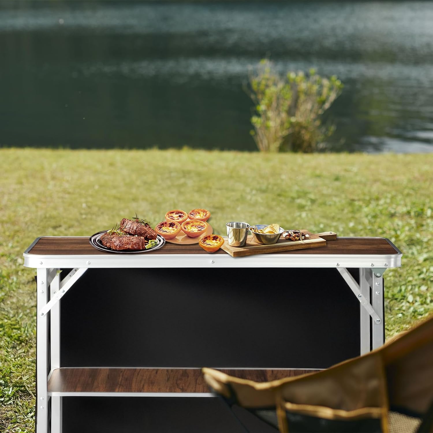 Vasitelan Folding Portable Bar Table, Tradeshow Podium Table for Indoor, Outdoor, Party, Picnic, Exhibition, Includes Carrying Case, Storage Shelf and Black Skirt (Brown)