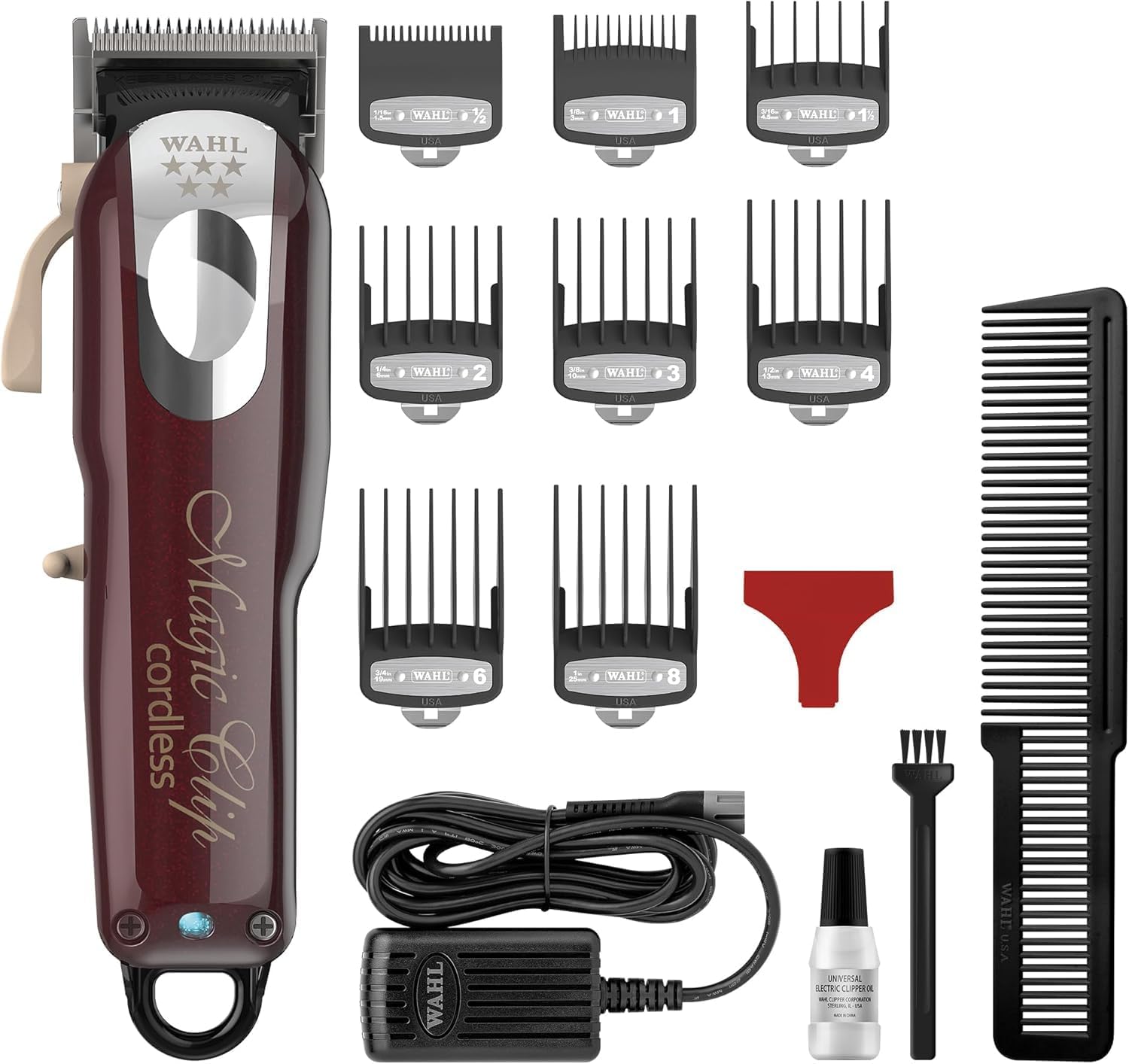 India 08148-324 Cord/Cordless India Professional Magic Clipper; 0.5-1.2 mm cutting lengths; 90 minute run time; Maroon