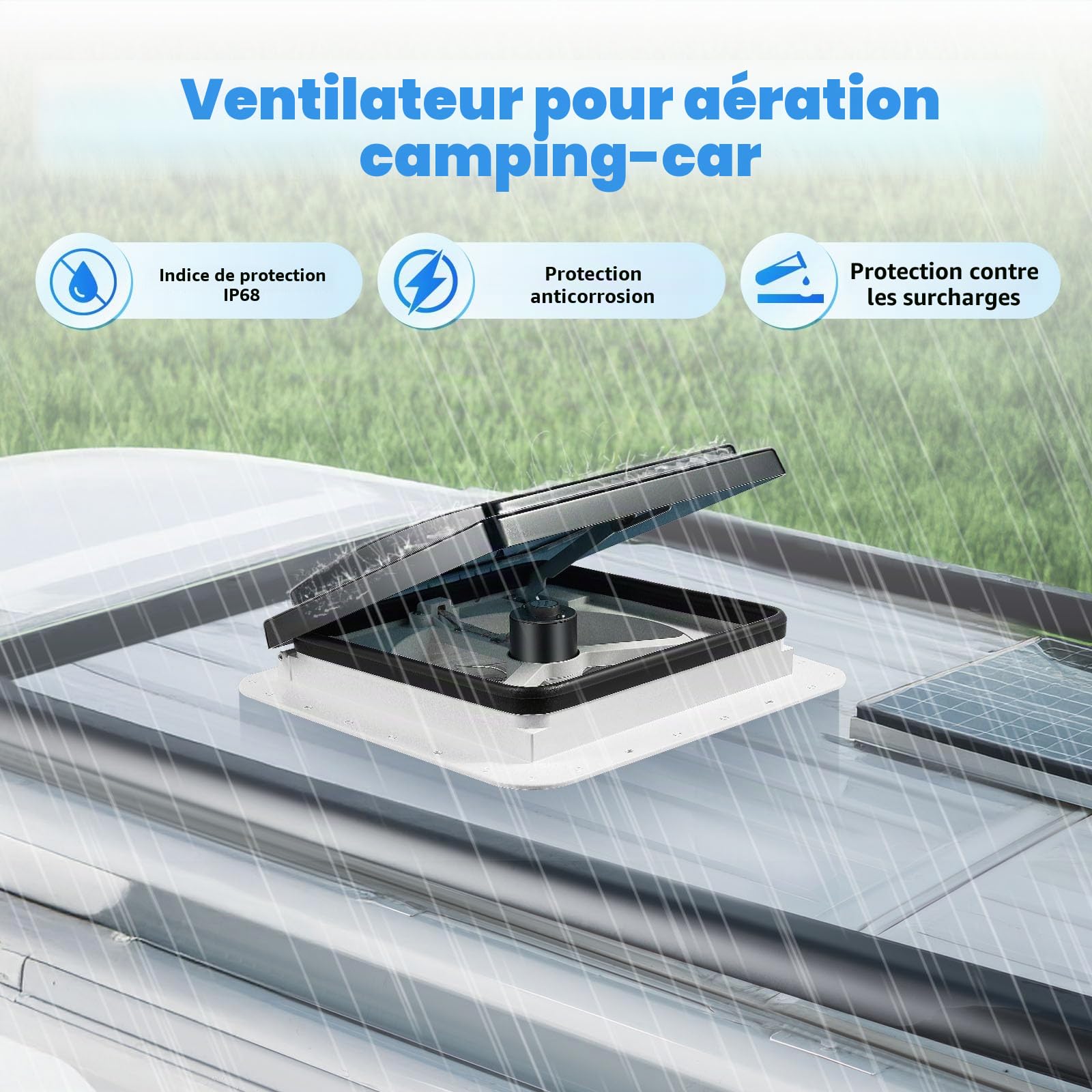 Fenêtre de toit de camping-car, ventilation insonorisée avec LED, 28 x 28 cm, ventilation pour camping car, débit d'air de 5 à 35 m³/min, étanche IP68