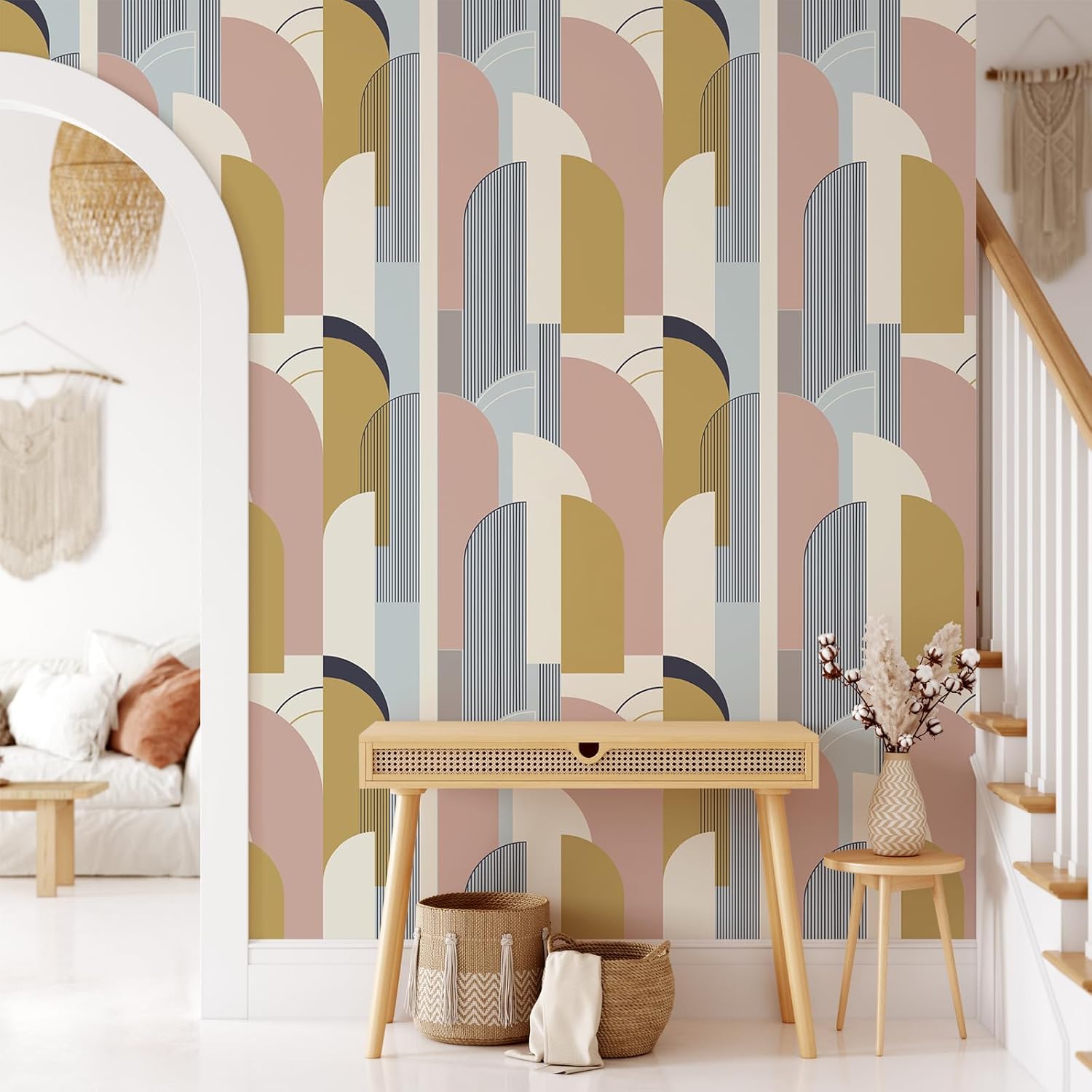 VEELIKE 17.7''x354'' Abstract Arches Geometric Wallpaper Peel and Stick Boho Geometric Contact Paper for Accent Walls Removable Modern Wallpaper Self Adhesive Art Wall Mural for Bedroom Bathroom