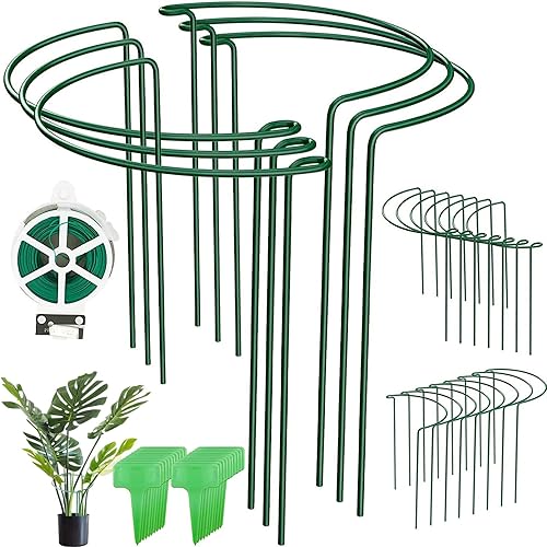 Paquete de 20 estacas de soporte para plantas, estaca de metal media redonda para plantas de jardín, anillo de soporte para plantas verdes, soporte