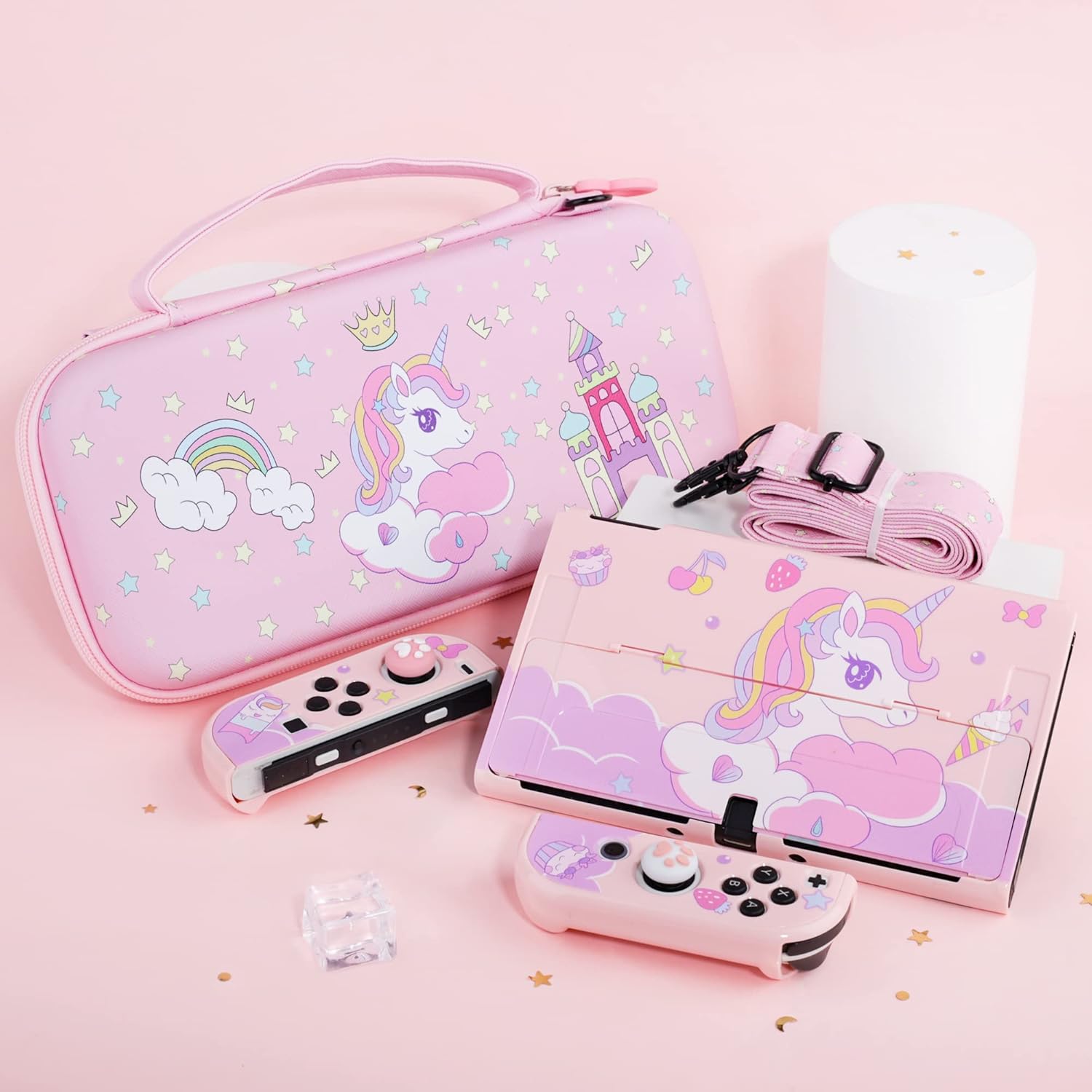 GLDRAM Pink Carrying Case for Nintendo Switch OLED, Cute Accessories Bundle for Unicorn with Portable Travel Storage Bag, Hard Shell PC Protective Cover, Screen Protector, Thumb Grips & Shoulder Strap - Image 6