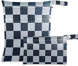 Amooorous Bolsas impermeables de cuadros de ajedrez con purpurina falsa, color blanco, azul marino, paquete de 2 bolsas de pañales esenciales con asas para viajes, viajes