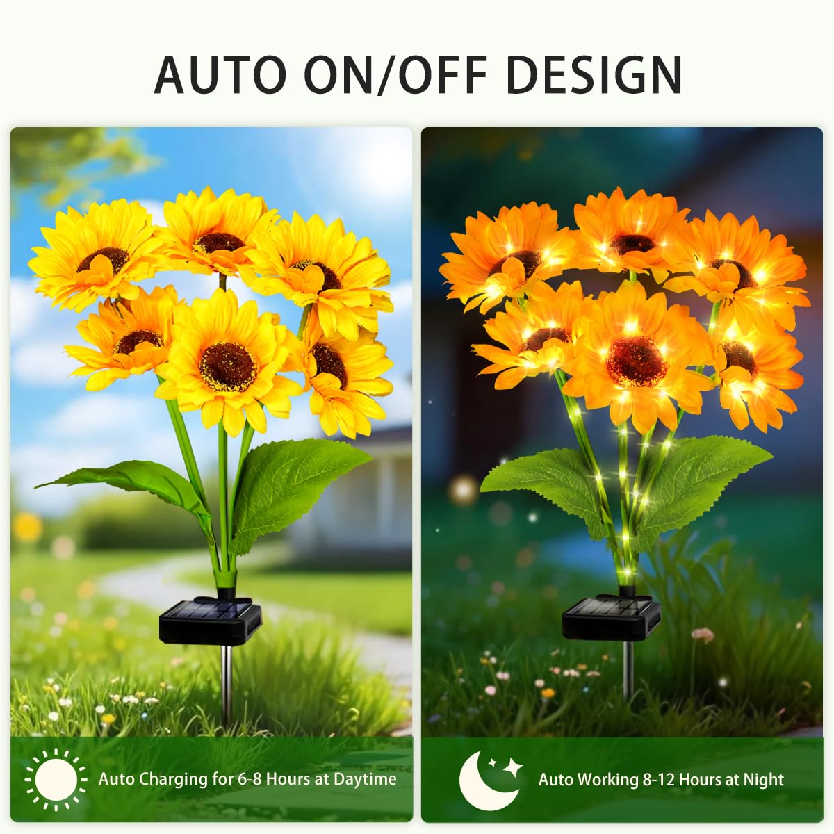 Confezione da 2 luci solari da giardino a forma di girasole, luce bianca calda, a LED, per esterni, per cortile, patio, prato, vialetto, impermeabile IP65, regalo ideale per donne, mamma
