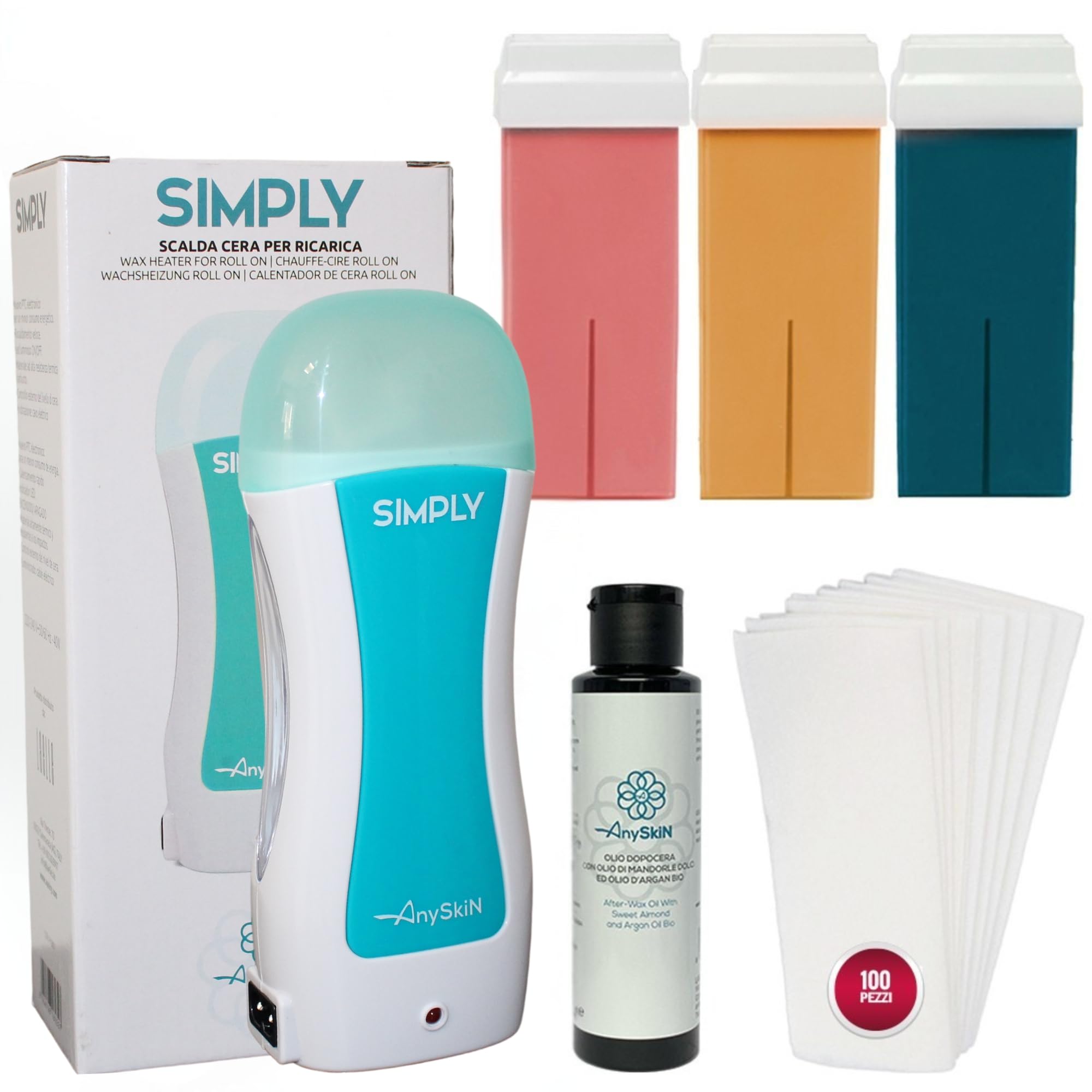 ANYSKIN Kit d'épilation > Chauffe-cire + 3 rouleaux de recharges + ANYSKIN après cire + 100 bandes d'épilation