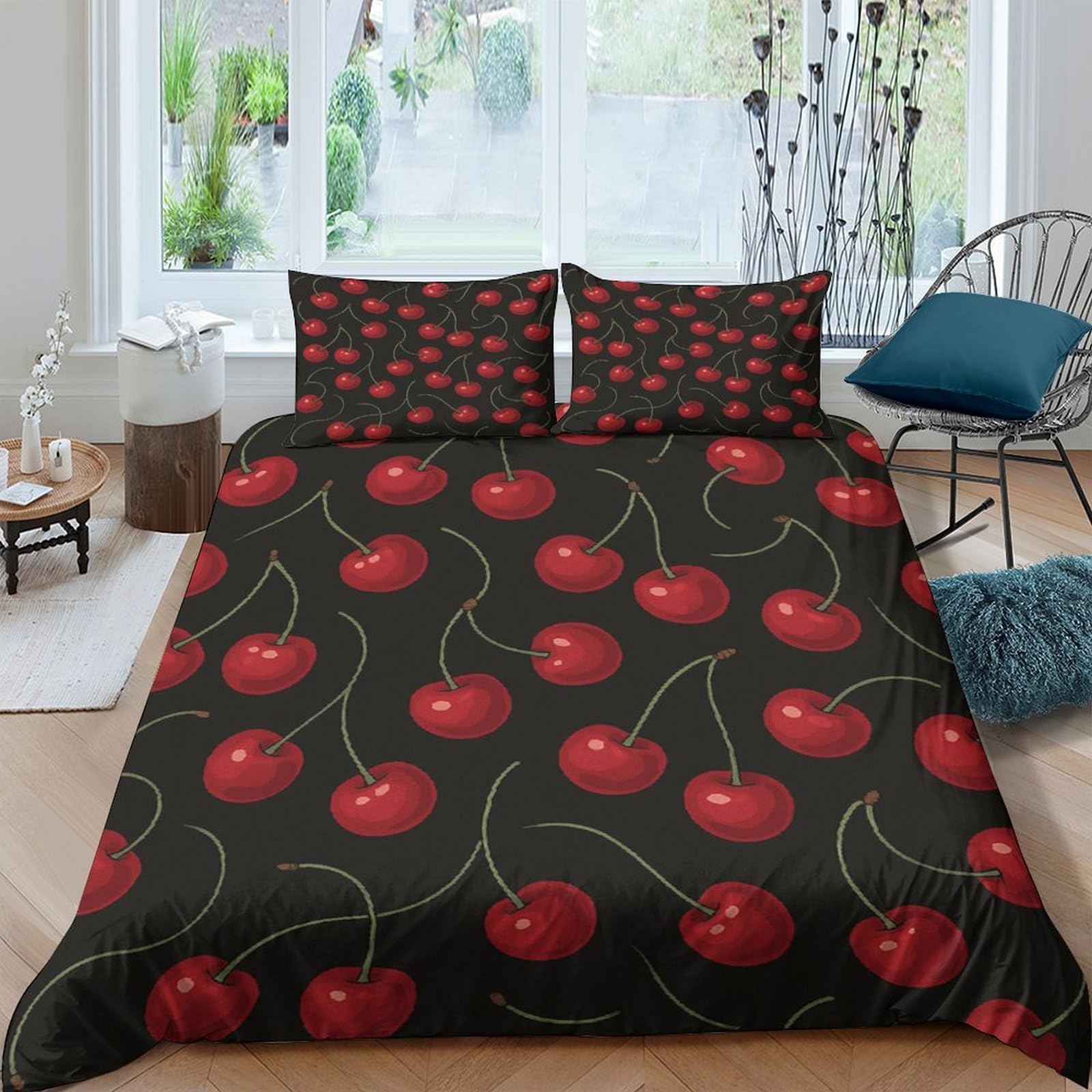 Ctjqhvkz Style-10 3D Printed Cherry Fruit Fitted Sheet Microfiber Red Black Bed Cover For Bedroom Guest Room Mattress Protection Single（135X200cm）