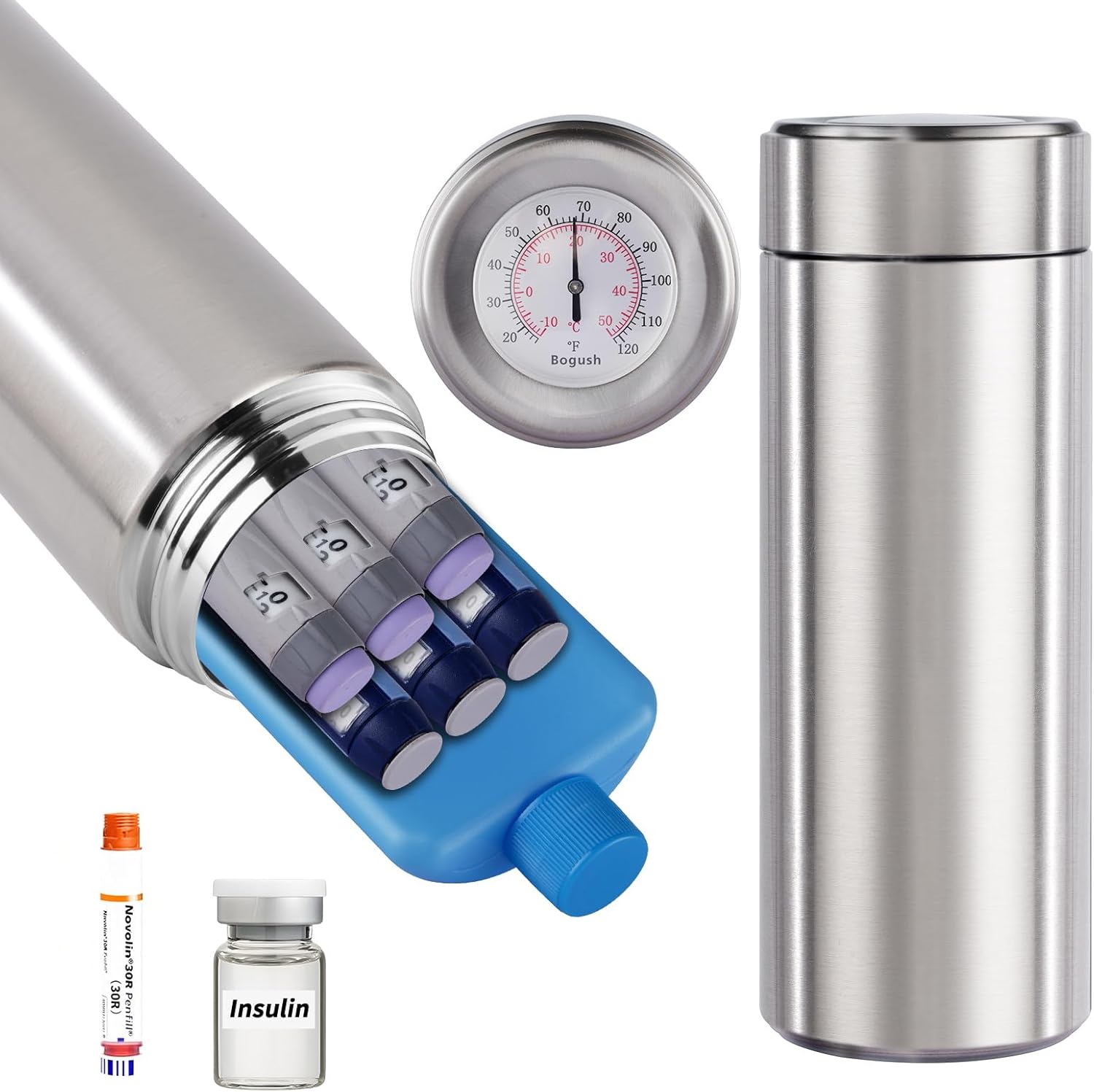 Bogush 60H Insulin Pens Cooler Hold 6-8 Pens Travel Case Medication Cooler for Travel TSA Approved Medicine Cooler Medical Diabetic Travel Cooler Bag Epipen Carry Case Silver