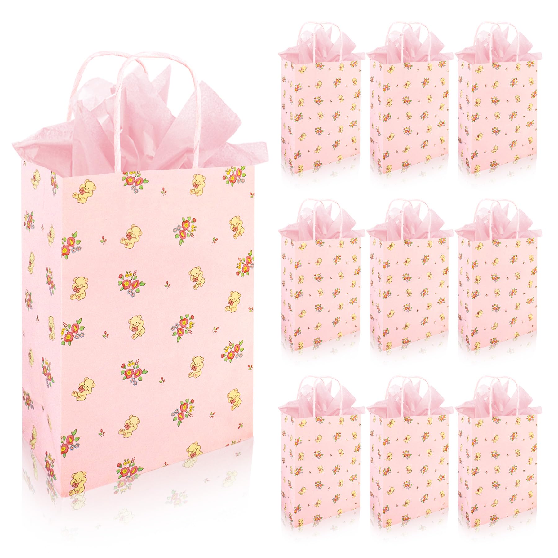 Dmnnlp 10 Pcs Gift Bags, 8.3"x 6"x 3.2" Small Gift Bags with Tissue Paper, Flower Pattern, For Presents Baby Shower Birthday Boutique Wedding Party Celebration (Pink)