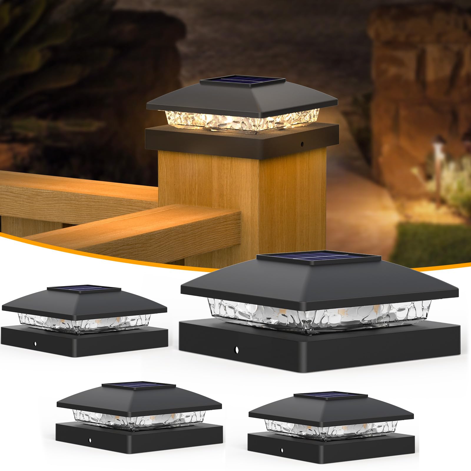 APONUO Solar Post Cap Lights for 4x4 Posts - IP64 Waterproof, 3000K LED, No-Wire Fence Lights & Deck Lights for Patio Garden Yard Patio, Black-Warm White, 4 Pack