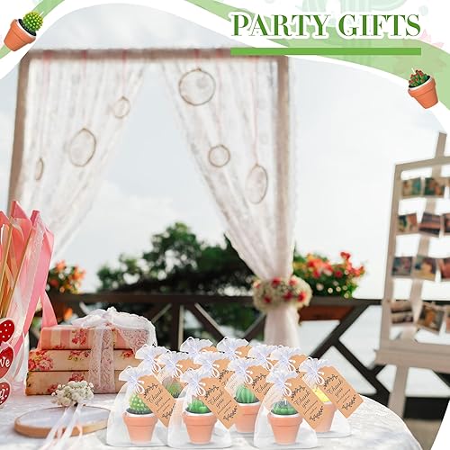 Miniatura 5 de Juego de 24 velas de cactus suculentos con mini soportes de arcilla de terracota, tarjetas de agradecimiento y bolsas de organza para regalos de