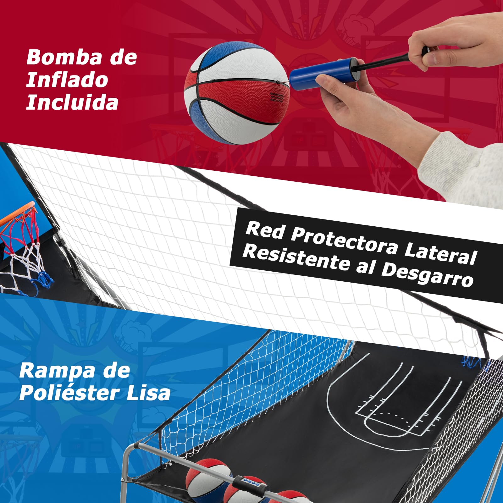 GOPLUS Canasta de Baloncesto Plegable, Máquina de Tiro Portátil, Baloncesto Arcade con 8 Modos de Juego, 4 Pelotas, 2 Cestas, Bomba, Marcador Electrónico, para Niños y Adultos (Rojo+Azul)