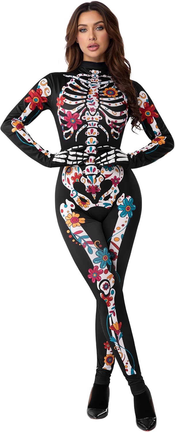 Spooktacular Creations Halloween Women Floral Skeleton Jumpsuit Costume Halloween Costumes for Women Adult 2025