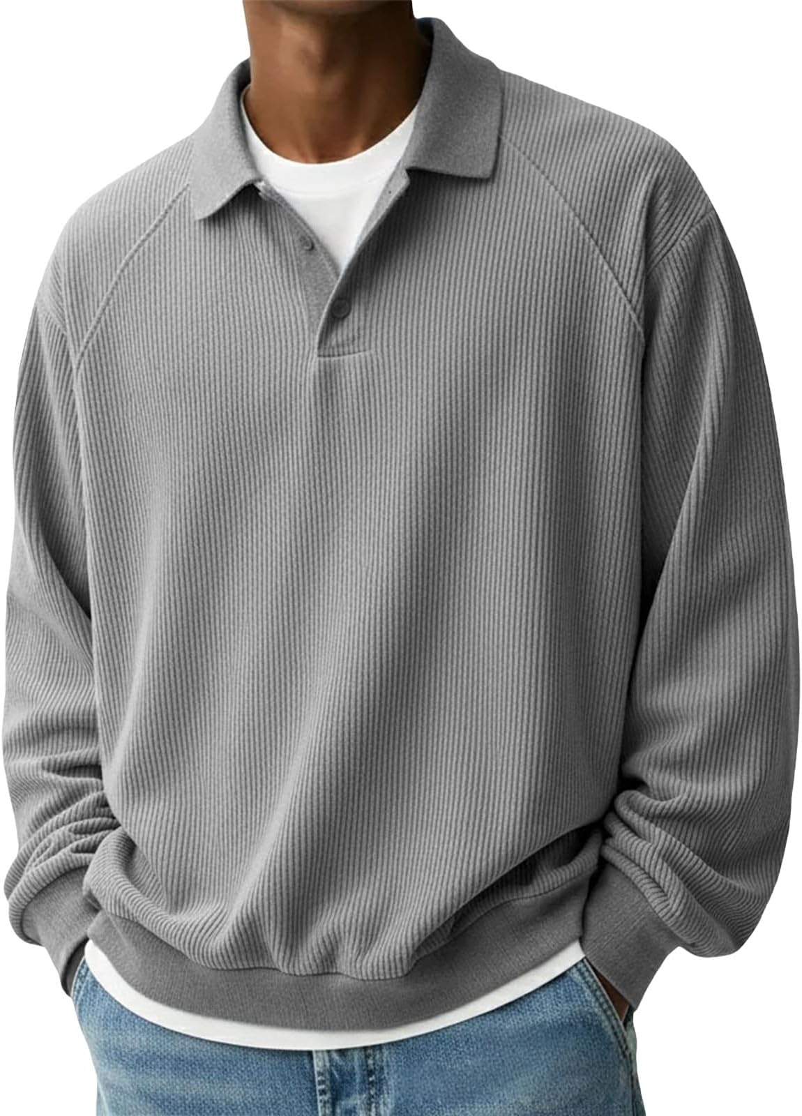 Polo Long Sleeve Shirts for Men Collared Button up Golf Rugby Work Tshirt Casual Waffle Knit Pullover Sweatshirts