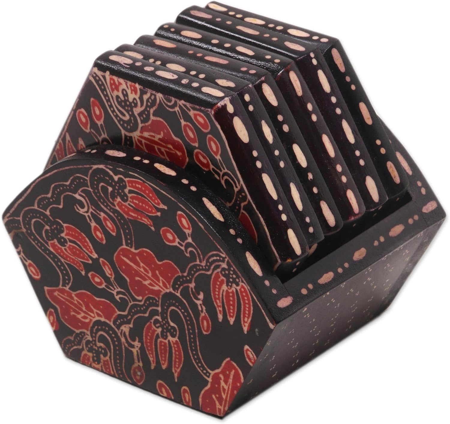 NOVICA Artisan Handcrafted Wood Batik Coasters from Indonesia Set of 6 Black Red Tableware Barware Floral [ 3.3in H x 3.9in W x 0.4in D Standbase 3in H x 3.1in W x 4.3in D] ' Kembang Memory' Set of