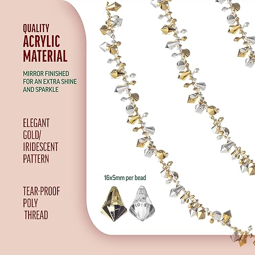 Miniatura 4 de Klikel Guirnalda de cuentas iridiscentes y doradas transparentes de Navidad, cadena grande para árbol de Navidad de 10 pies, juego de 2 piezas