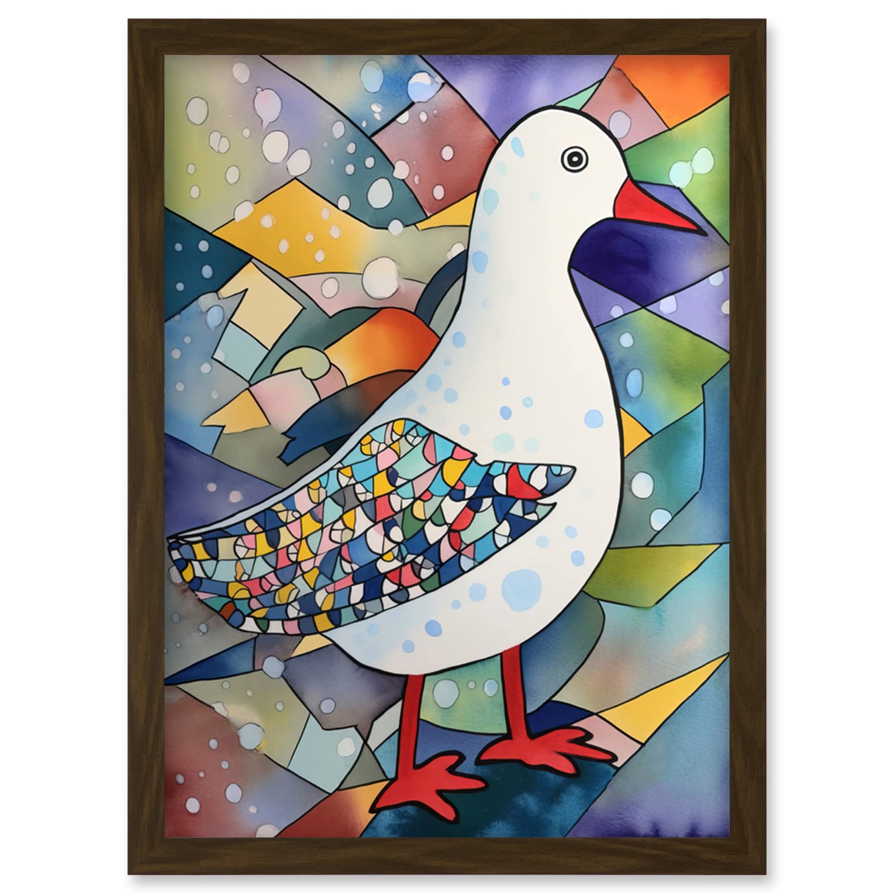 Artery8 Seagull Bird And Snowflakes Folk Art Artwork Framed Wall Art Print A4