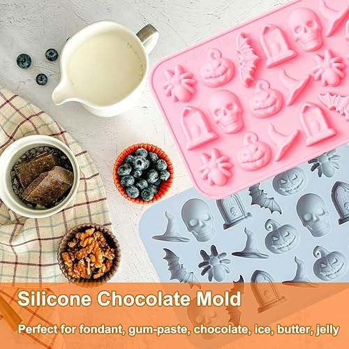 Miniatura 7 de Paquete de 2 moldes de chocolate para Halloween, calabaza, murciélago, calavera, tumba, araña, molde de silicona para chocolate, caramelos,