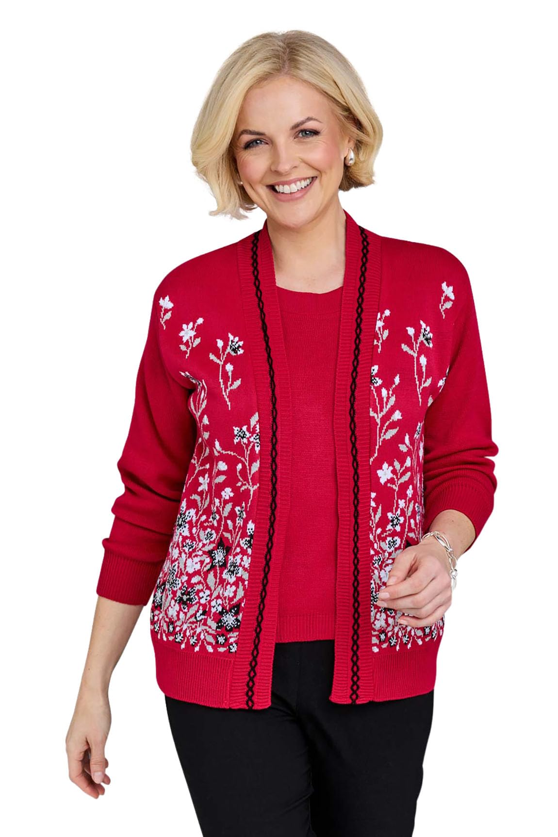 Chums Ladies Floral Jacquard Mock Twin Set Cardigan with Elegant Edge Trim Detail, Comfortable Stretch Fit Red 10-12