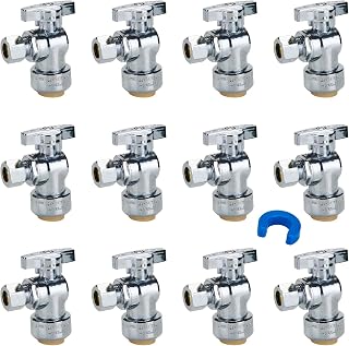 SUNGATOR 1/2" Shut Off Valve, Pushfit Angle Shut Off Water Valve, 1/2" PTC x 3/8" Compression Angle Stop Valve, No Lead Brass Push to Connect with PEX, Copper, CPVC, with 1 Disconnect Clip, Pack of 12