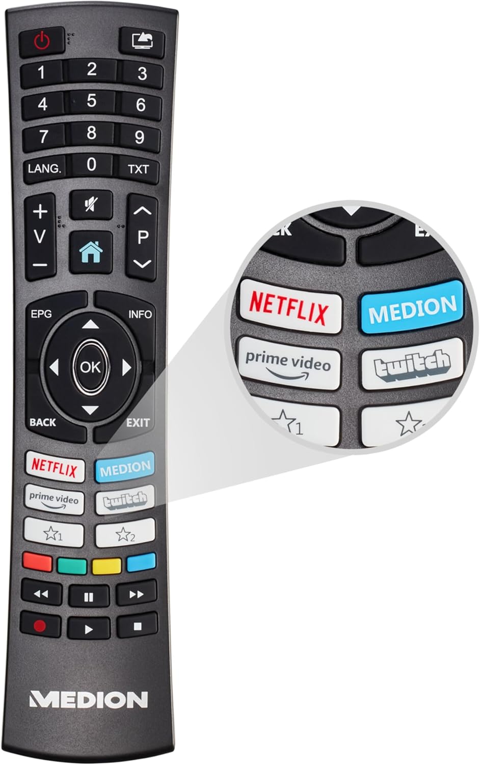 MEDION Smart TV remote control with dedicated buttons for Netflix, Prime Video, and Twitch.