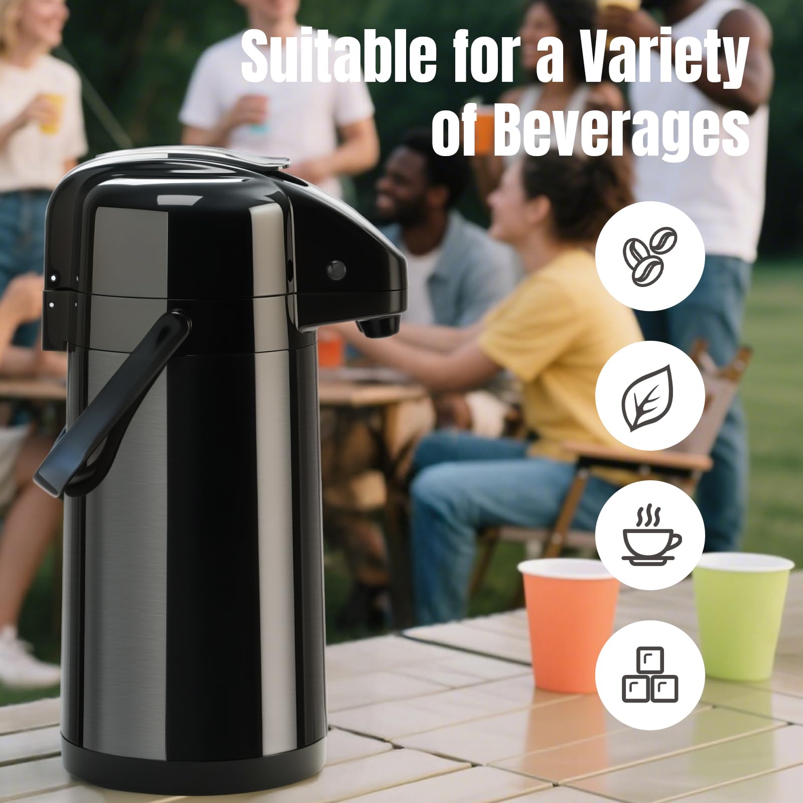 PARACITY Jarra de café Airpot mejorada con doble bomba de 84 onzas/2.5 L, dispensador de bebidas de acero inoxidable para bebidas calientes/frías con base Lazy Susan, café Termos para café negro