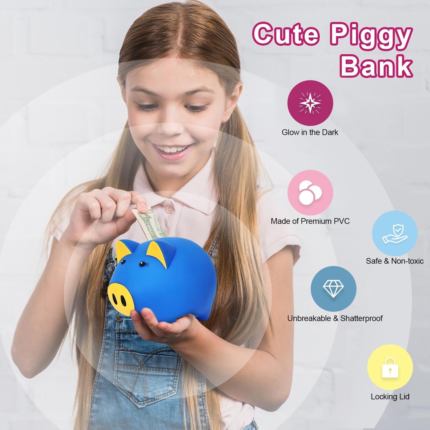 Glow in The Dark Piggy Bank for Kids, Unbreakable Plastic Money Savings Box, Cute Coin Bank for Toddlers Boys Girls Birthday Gift