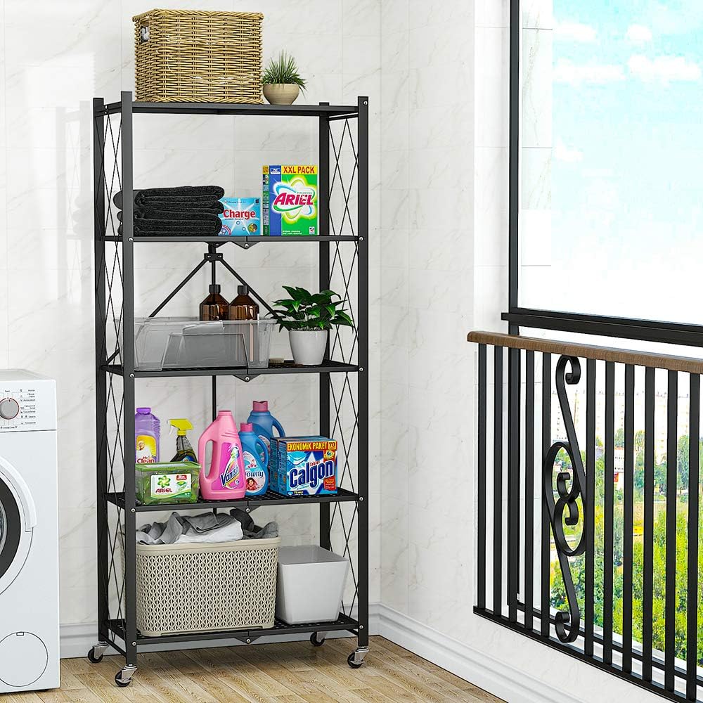 Crazy Clearance 5 Shelf Foldable Storage Shelving Unit with Wheels, Metal Storage Rack Display Rack for Garage Kitchen Pantry Closet Laundry (Black)