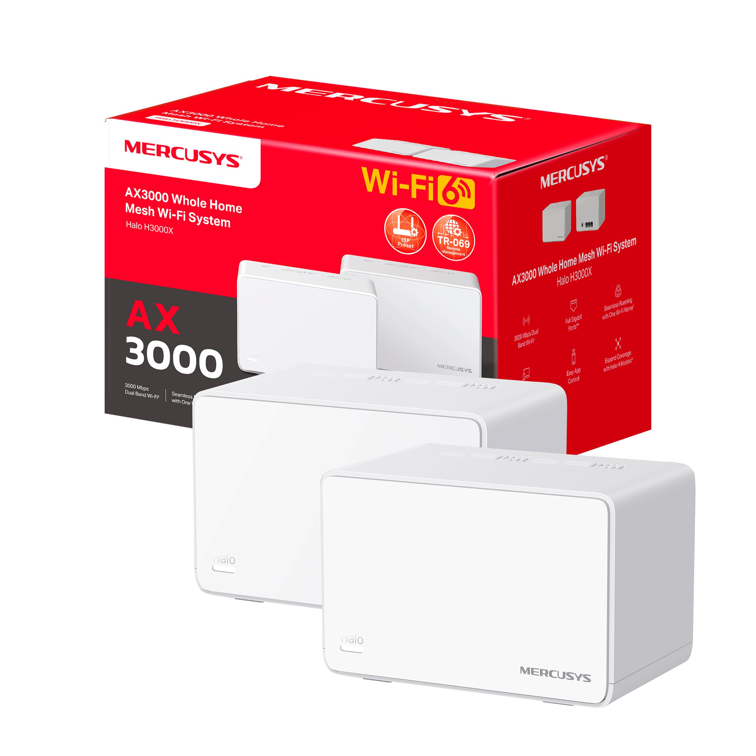 Mercusys Halo H3000X(2-Pack) - Router Sistema WiFi 6 Mesh, AX3000, Doble Banda, Cobertura hasta 420 m², 3X Puerto Gigabit por Unidad, Administración de la Red, Fácil Configuración con App, WPA3