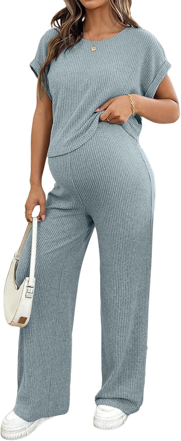 BLENCOT Maternity Clothes Ribbed Short Sleeve Maternity Pajamas Sets Sleepwear Lounge 2 Piece Matching Outfits Set