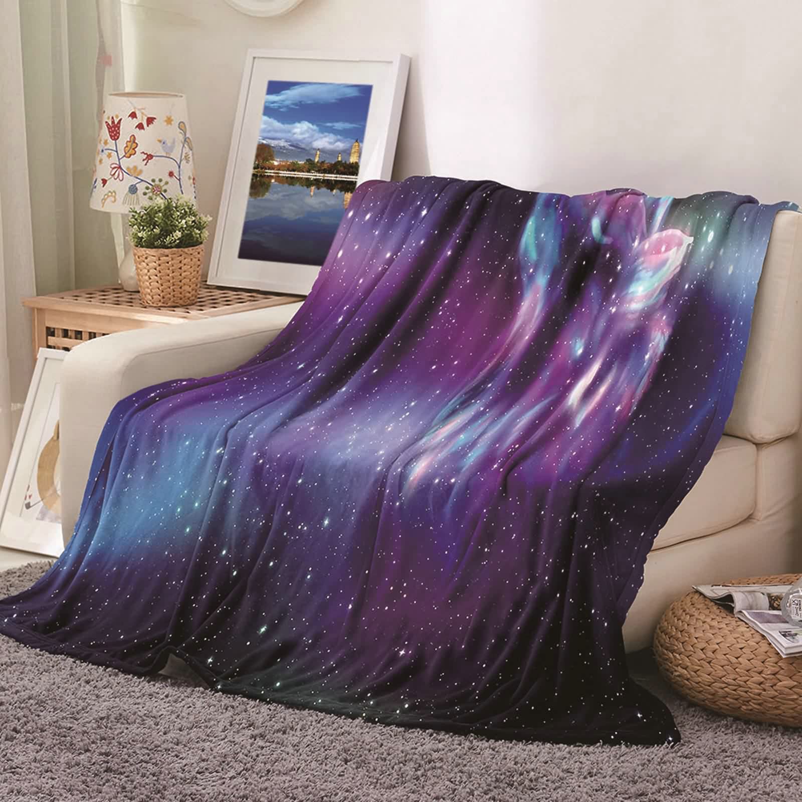 Aeici Koc polarowy, koc polarowy dla dzieci 150 x 200 cm z nadrukiem gwiaździstego nieba koc na sofę prezent dla dorosłych i dzieci
