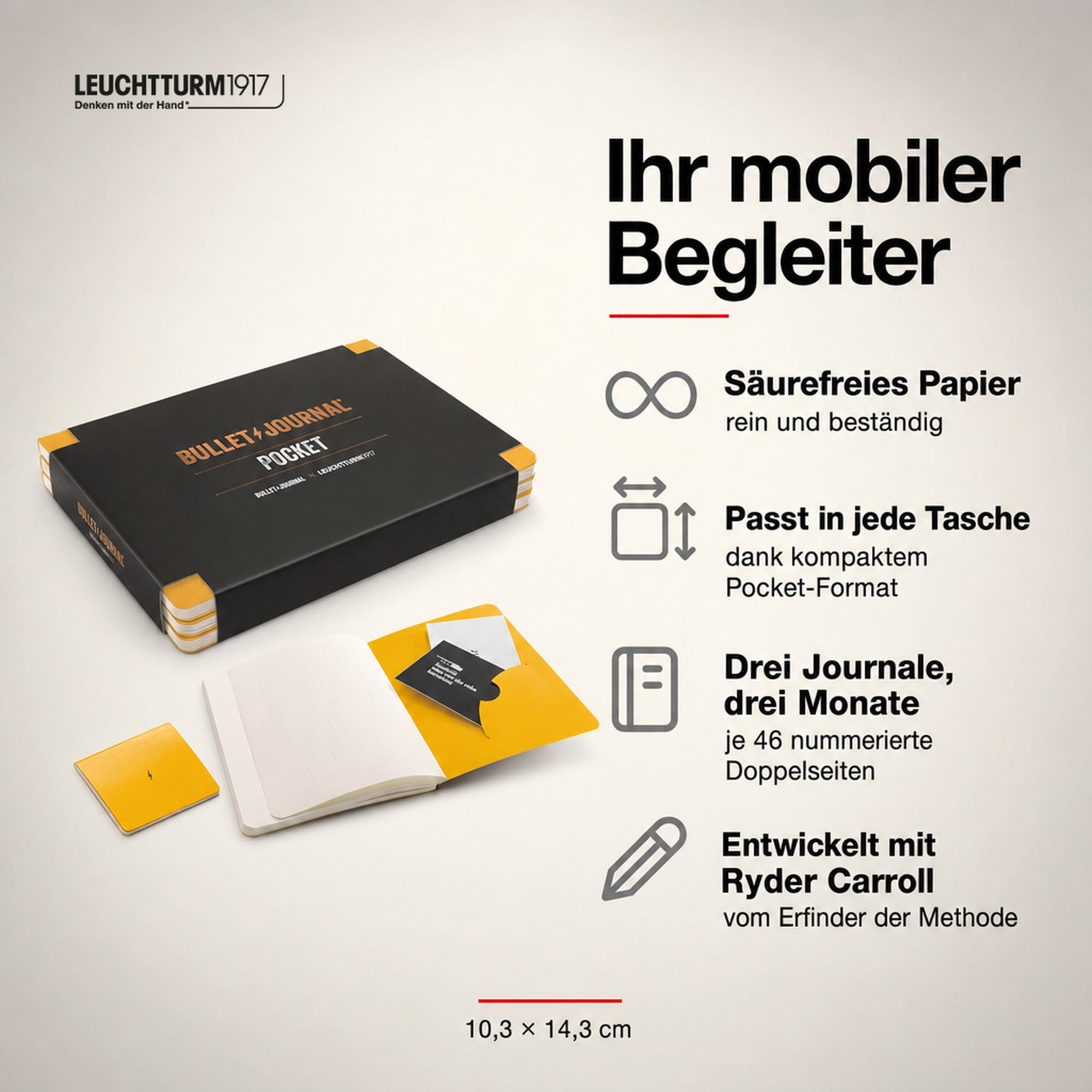 LEUCHTTURM1917 371629 Bullet Journal Pocket, 14,3x10,3 cm, 46 double pages numérotées, Pointillé, Yellow24, set de 3